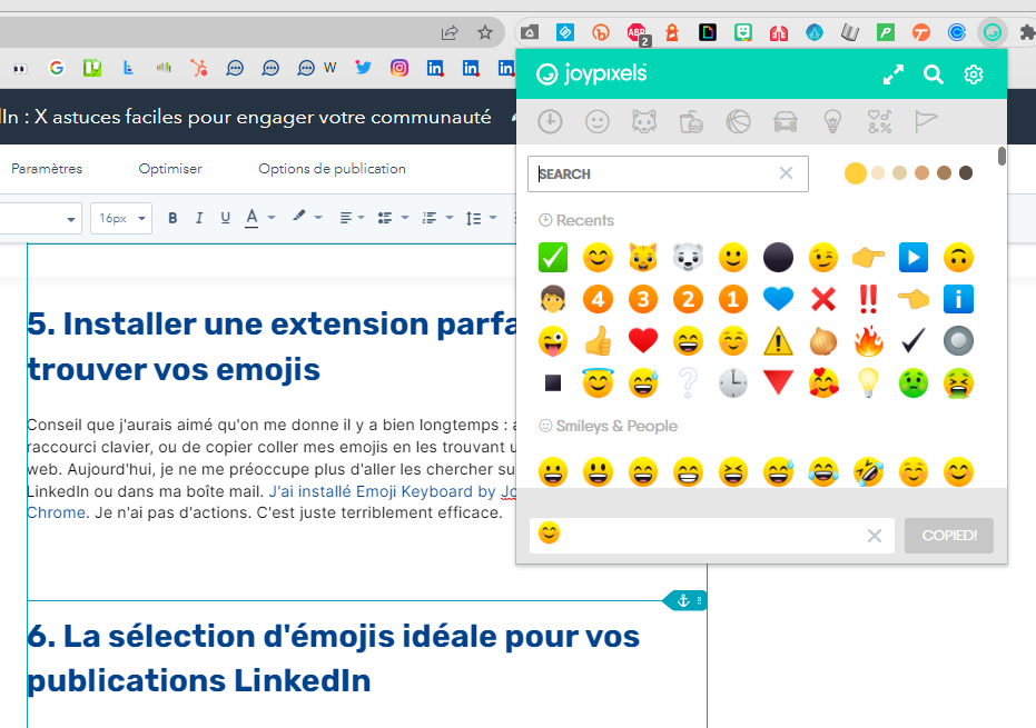 Capture d'écran de l'extension Joypixels en œuvre sur Google chrome : des emojis à portée de clic pour LinkedIn ou autre
