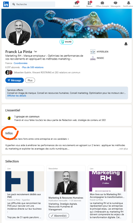 Exemple de profil LinkedIn, localisation de la section bio (ou "infos")