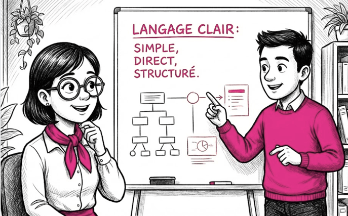 Tableau et homme qui fait une présentation : Langage clair : simple, direct, structuré