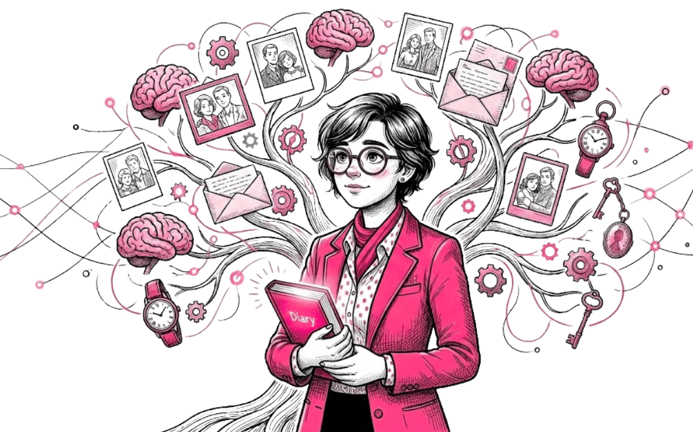 Collaboratrice se tenant devant un "arbre de la mémoire" autour duquel gravitent des images, des textes, des cerveaux, des clés... etc.