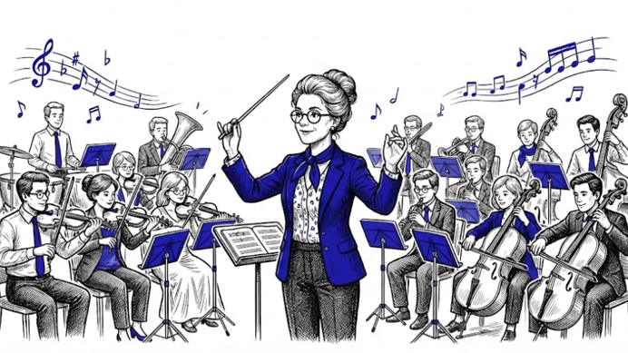 Cheffe d'orchestre qui mène son orchestre symphonique