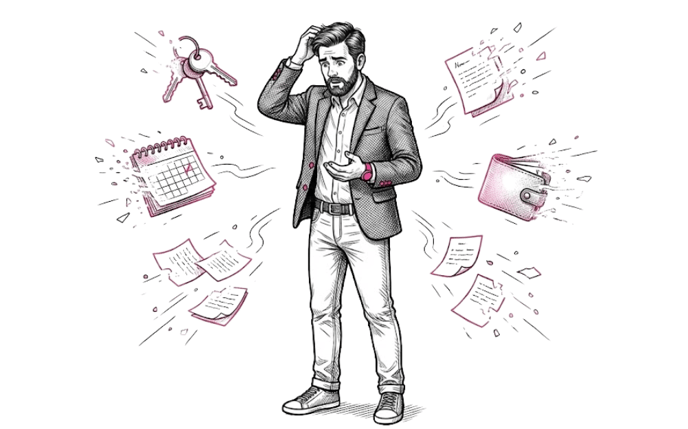 Homme qui oublie ses clés, des dates, son portefeuille... etc.