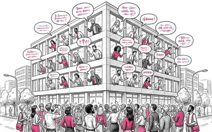 Immeuble de bureau dans lequel tous les collaborateurs parlent par la fenêtre, avec un public qui écoute