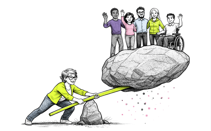Femme qui utilise un levier, pour élever un rocher, sur lequel est campée une équipe comportant un homme en fauteuil roulant
