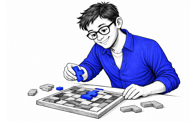 Communicant RH qui agence les pièces d'un puzzle, pour représenter la construction des messages RH de l'entreprise au sujet de l'inclusion du handicap
