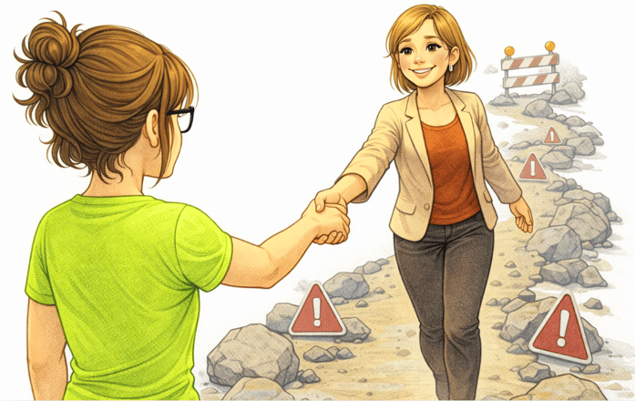 On voit une recruteuse de dos regarder une femme qui arrive vers elle. La femme qui arrive vers elle a eu une route sinueuse et ponctuée d'obstacles, mais elle est proche et arrive à lui faire une poignée de main.