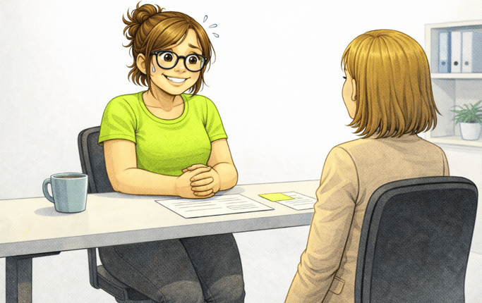 Recruteuse face à une candidate pendant un entretien d'embauche. Elle a une goutte de sueur sur le front, un sourire un peu forcé, elle a peur de poser une question discriminante.