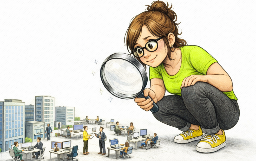 Référente handicap accroupie, tenant une loupe énorme, observant un quotidien de travail en miniature (bureaux, immeubles, collaborateurs)