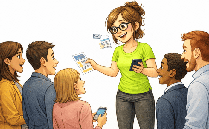 Recruteuse au milieu d'un groupe de candidat(e)s. Elle fait plusieurs choses à la fois, leur parle, leur donne un flyer, envoie de l'info sur leur smartphone. Ils ont l'air amusés et intéressés.