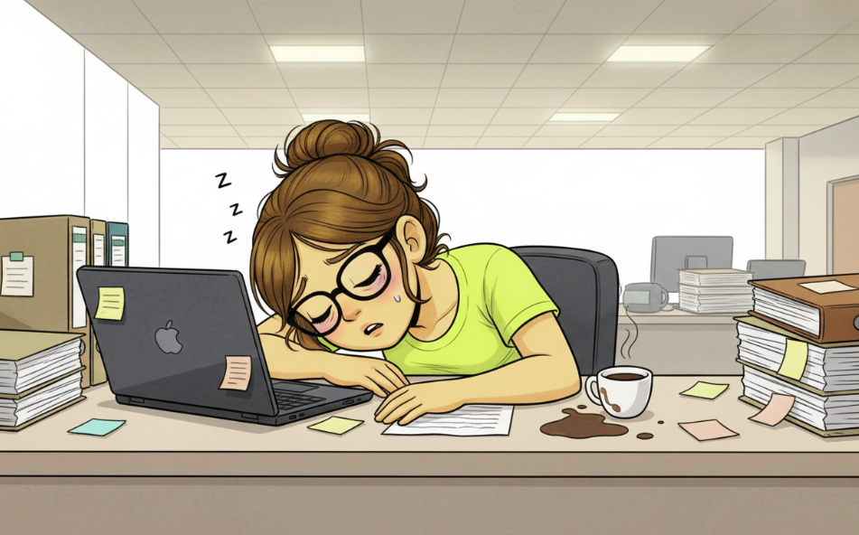 Femme endormie à son bureau, manifestement surchargée de travail