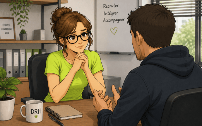 DRH dans son bureau, elle écoute un collaborateur se confier sur un sujet sensible. Son attitude traduit une bienveillance, une écoute et une empathie nécessaire pour aborder la situation de handicap.