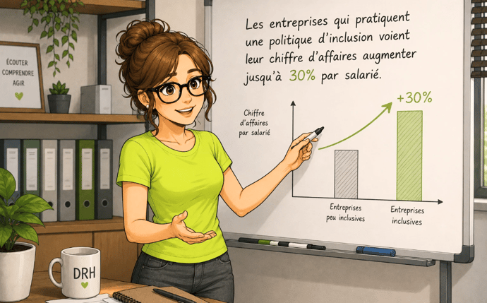 DRH qui montre un schéma sur un tableau blanc. Le texte : Les entreprises qui pratiquent une politique d'inclusion voient leur chiffre d'affaires augmenter jusqu'à 30% par salarié.