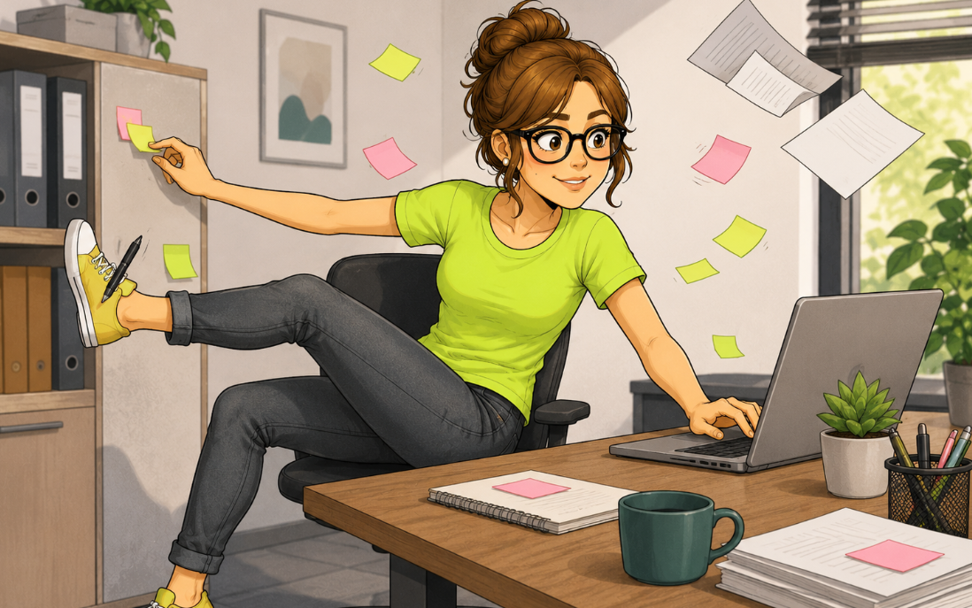 Dirigeante d'entreprise faisant plusieurs choses à la fois : écrire sur son PC, coller un post-it sur un meuble derrière elle, tenir un stylo sur sa jambe levée en l'air, pour symboliser l'agilité d'une entreprise (favorisant le recours aux TIH)