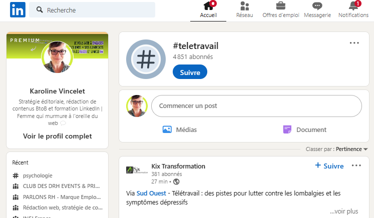 Page dédiée au mot clé #teletravail, 4851 abonnés, choix de suivre ou non ce hashtag