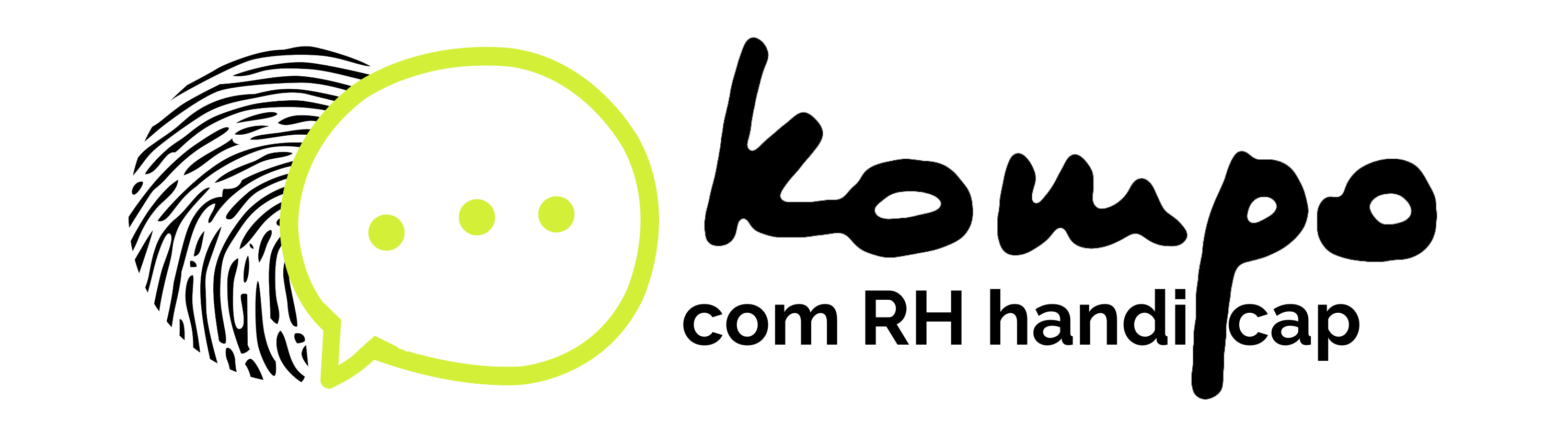 Logo Kompo, icône d'une bulle avec trois petits points (représentant la parole et l'écriture) entremêlée à une empreinte digitale (représentant l'identité, la culture d'entreprise). Texte : Kompo, et en dessous, 